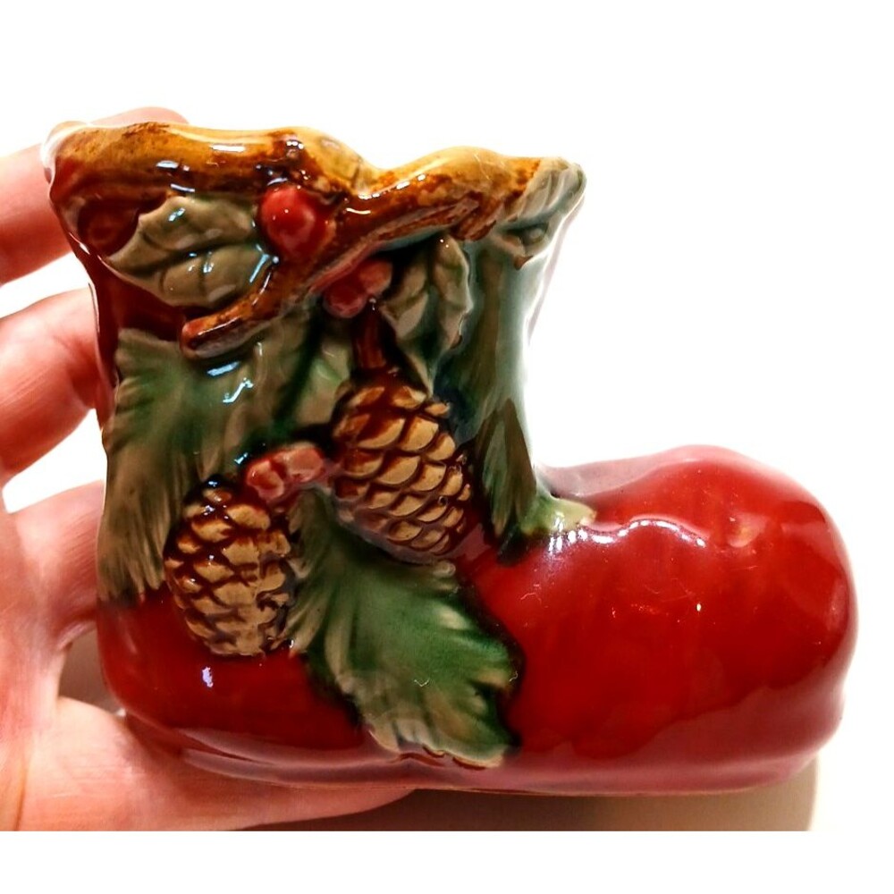 Kirkland's Ceramic Santa Boot Tea Light Holder Christmas Pine Cones Leaves Red